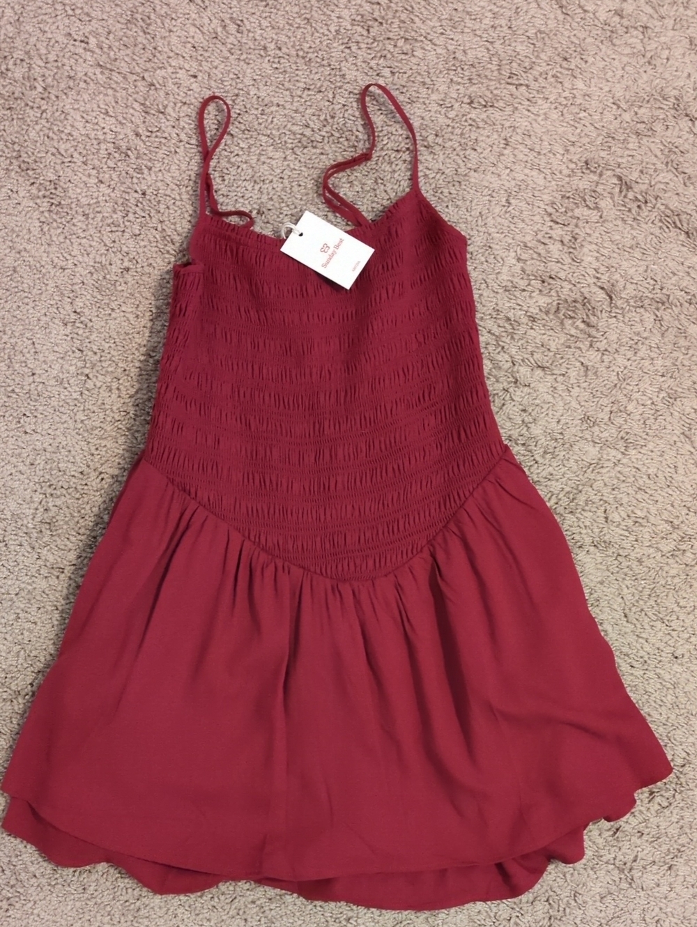 NWT Aritzia Sunday Best Red Wine Smocked Spaghetti Strap Mini Dress